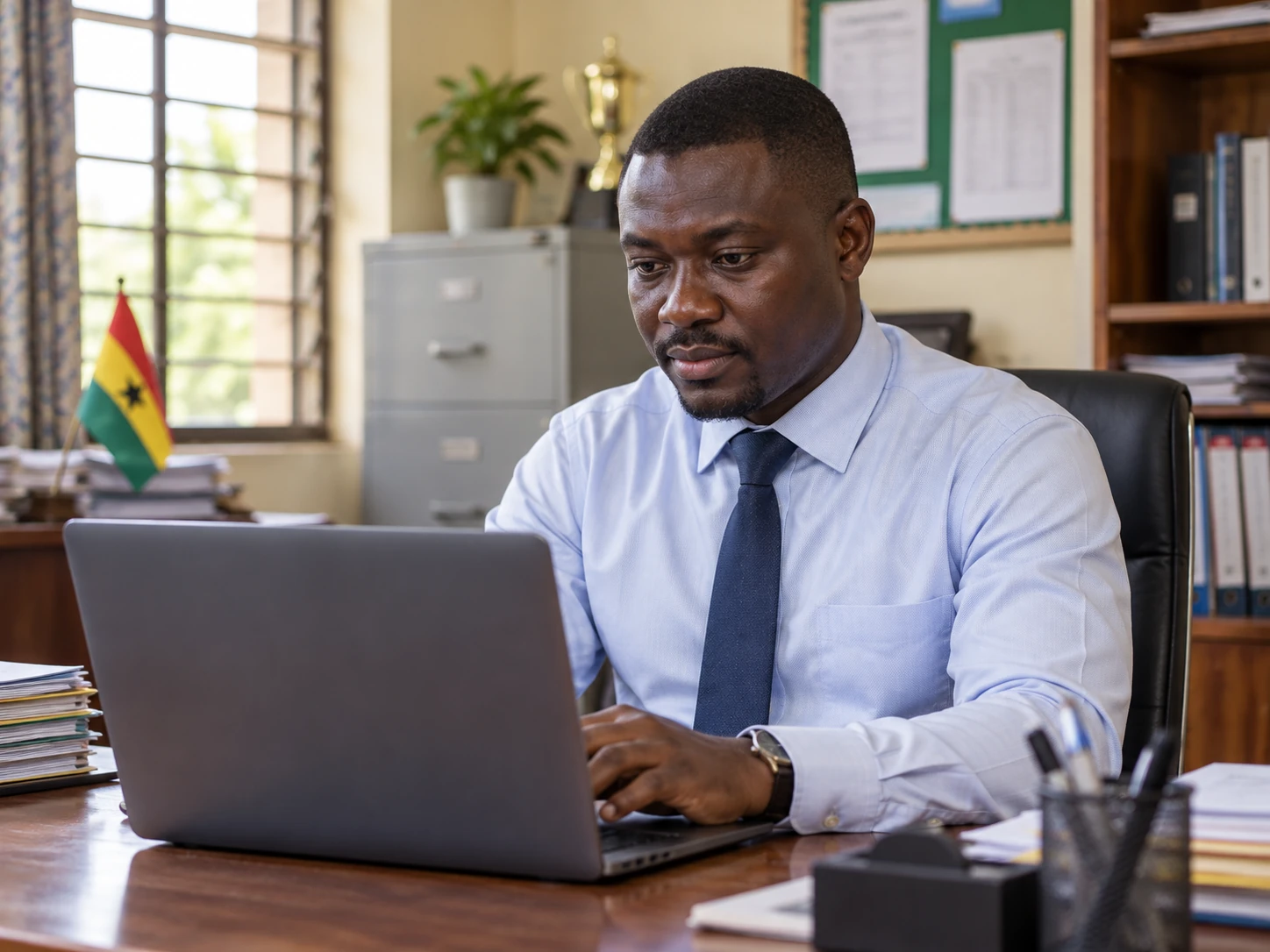 Ghanaian school administrator working with connected school information
