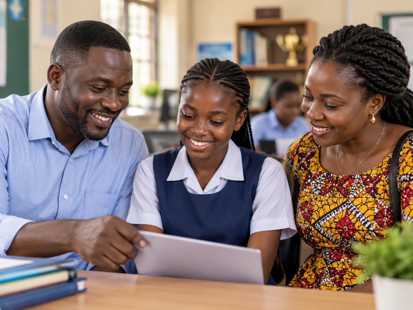 Ghanaian parent with two school children representing shared family records