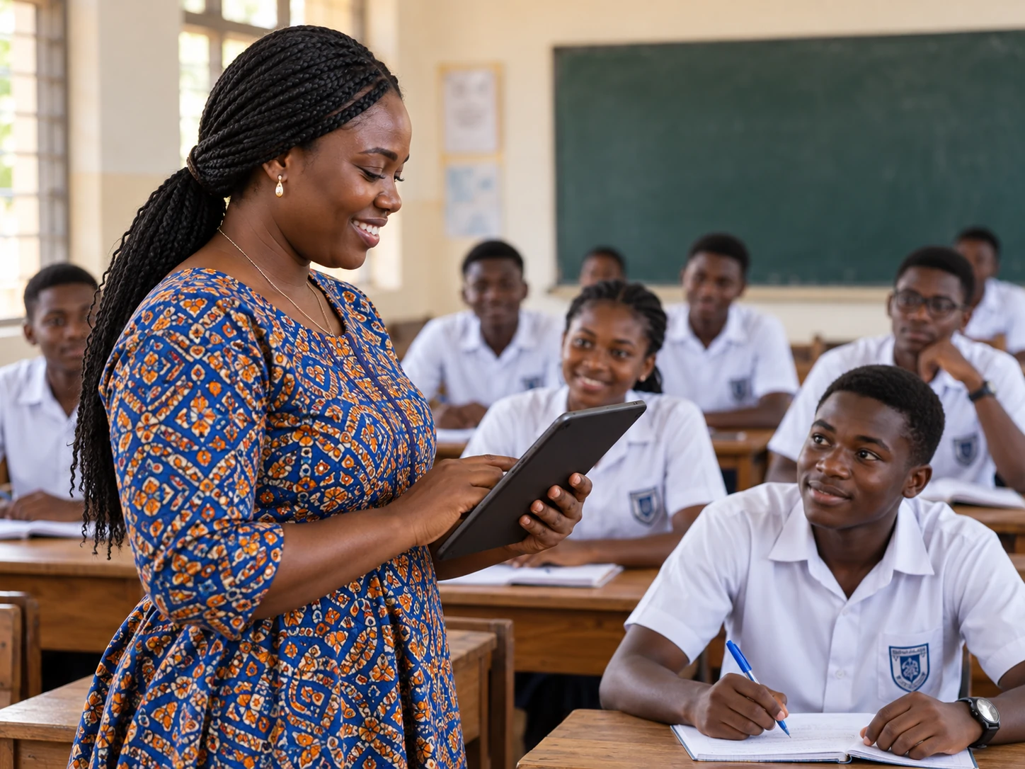 Ghanaian teacher working with student records in class